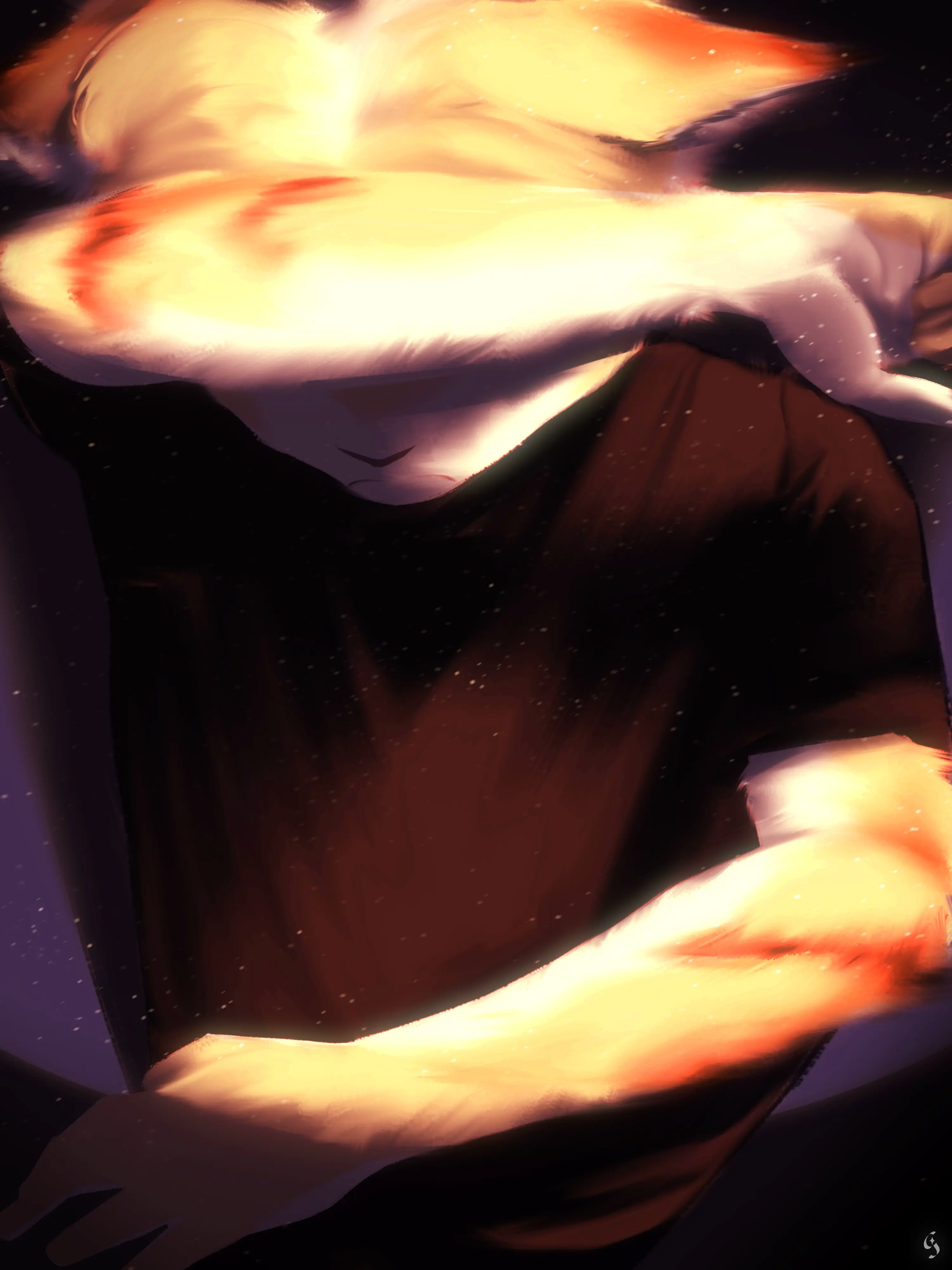 Cooper under the spotlight, covering his face with his arm in anxiety.