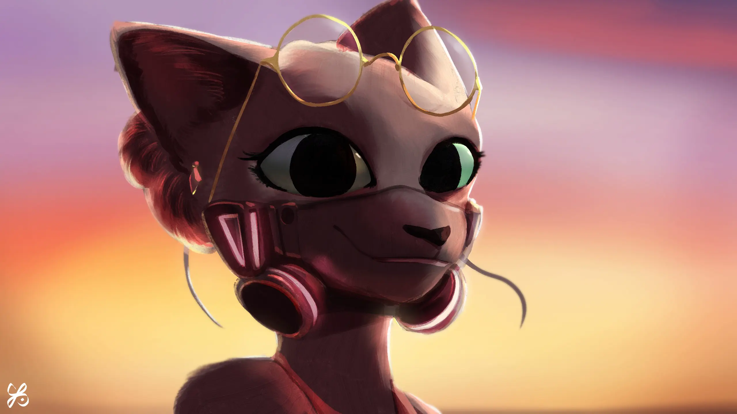 A candid portrait of Mynx wearing a futuristic mask in the evening.