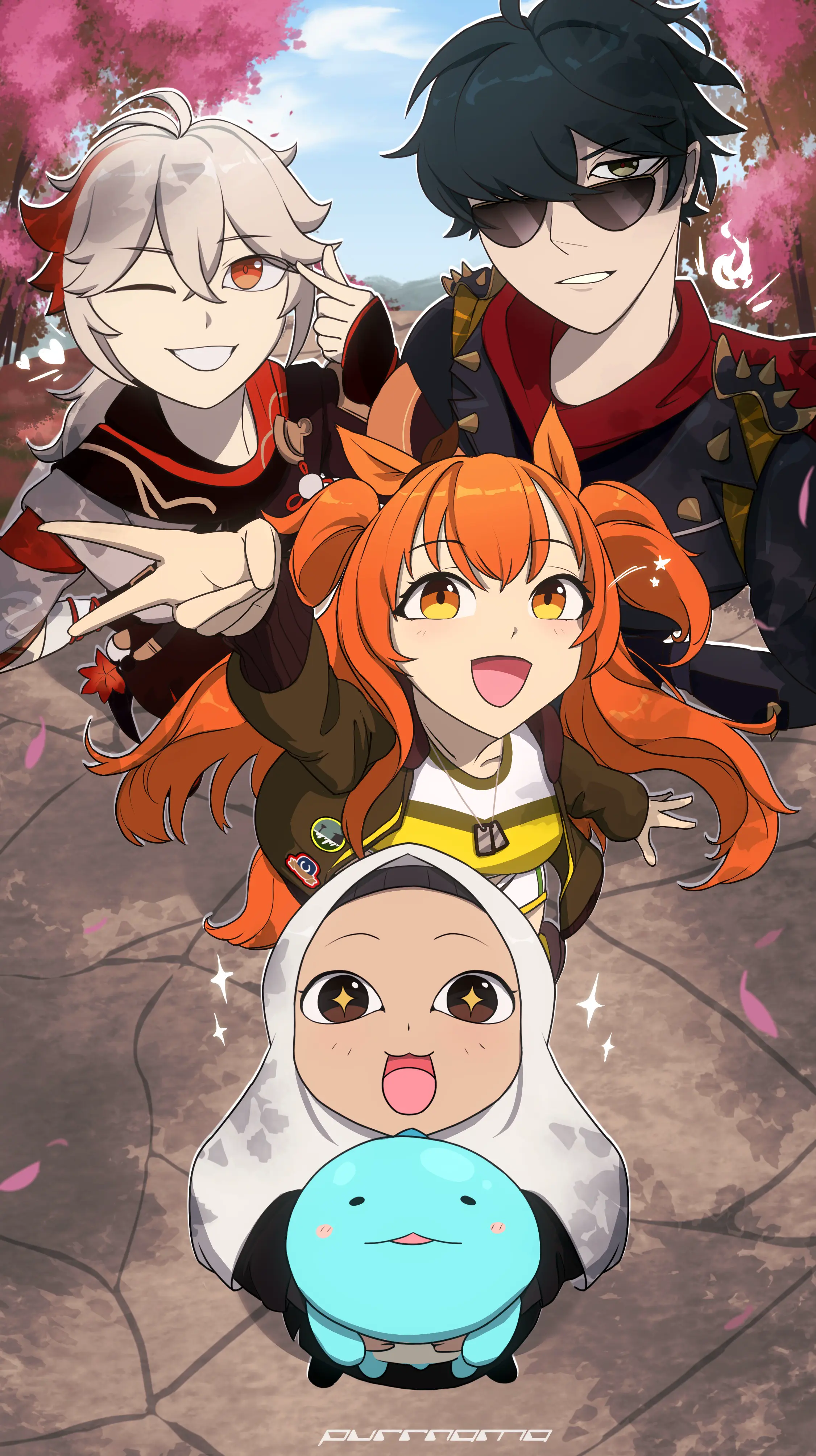 A birthday fanart featuring Mayano Topgun from Umamusume, Kazuha from Genshin Impact and Lighter from Zenless Zone Zero