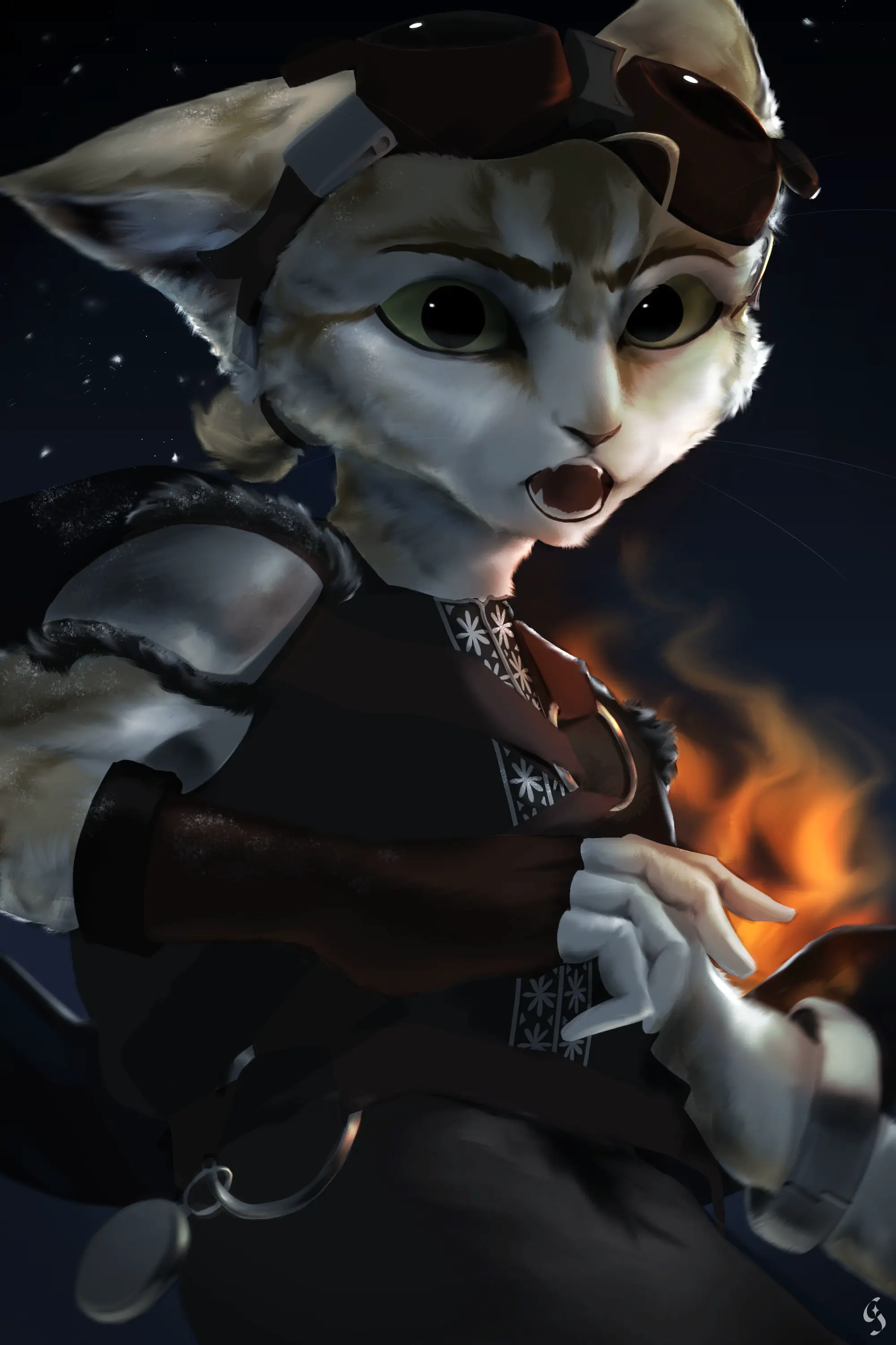 A tense artwork of Cooper over fire and snow