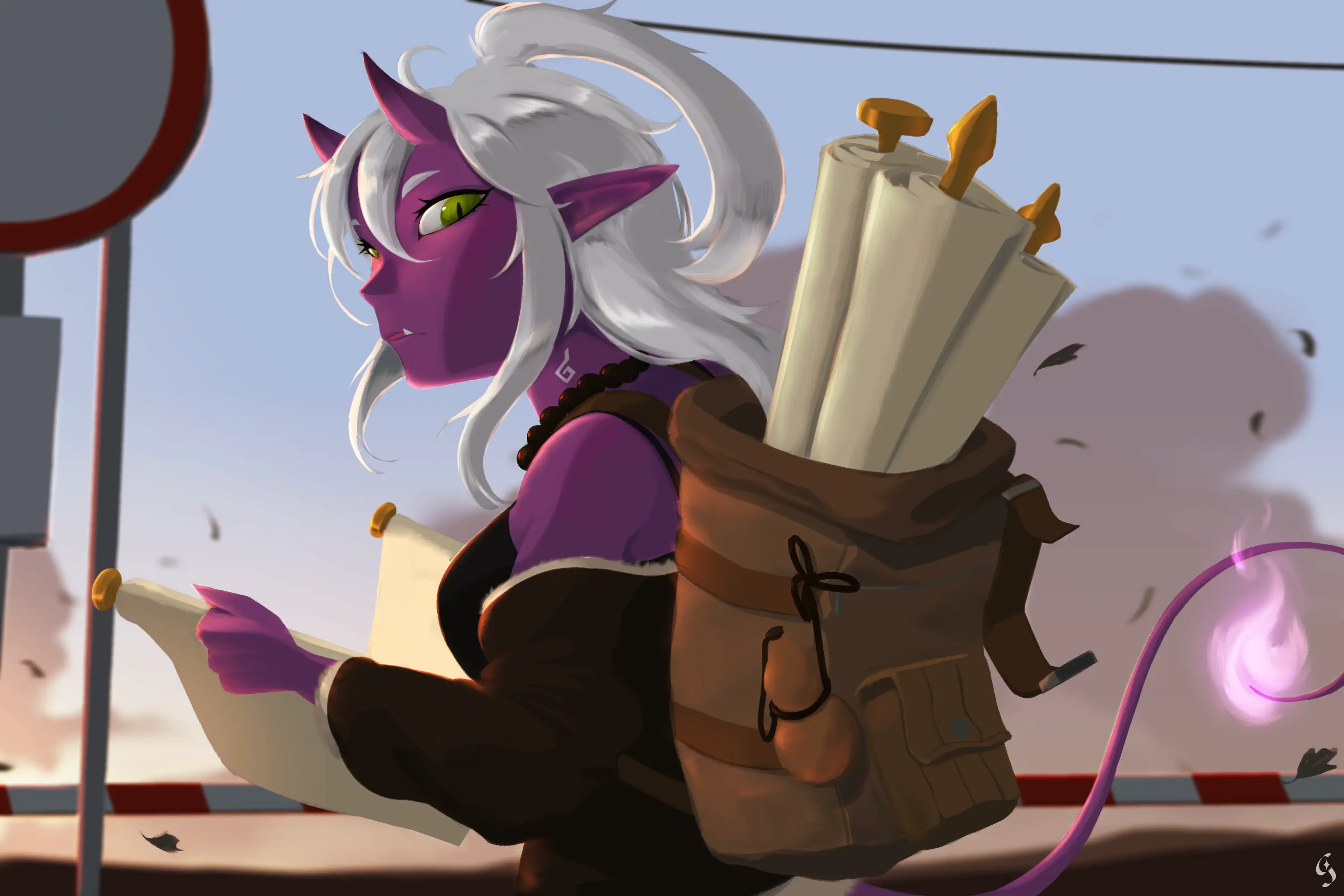 An artwork of Tsubaki on a journey along train tracks