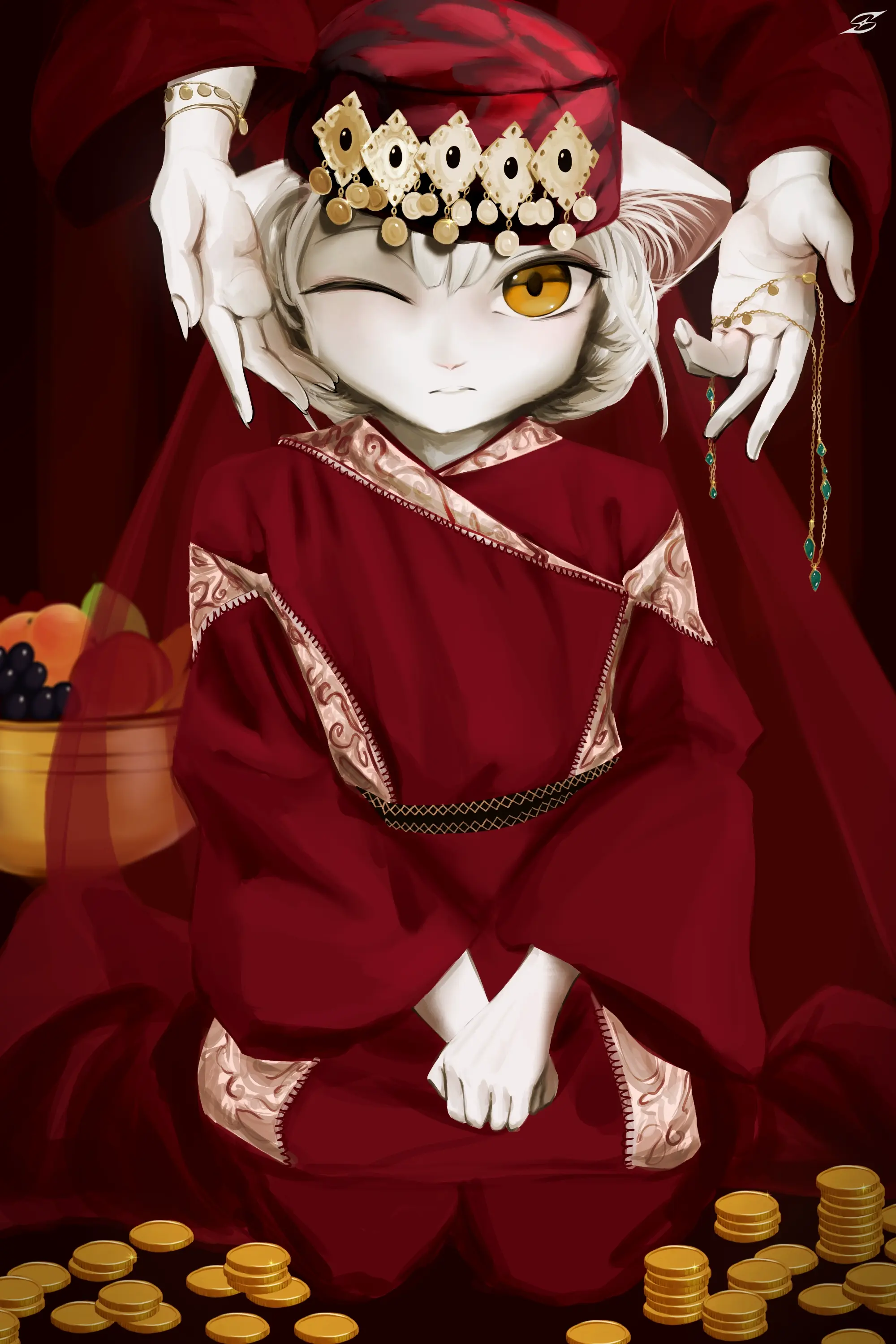 An artwork of a young Van, pampered to her discomfort, with a hint of vulnerability in her eyes.