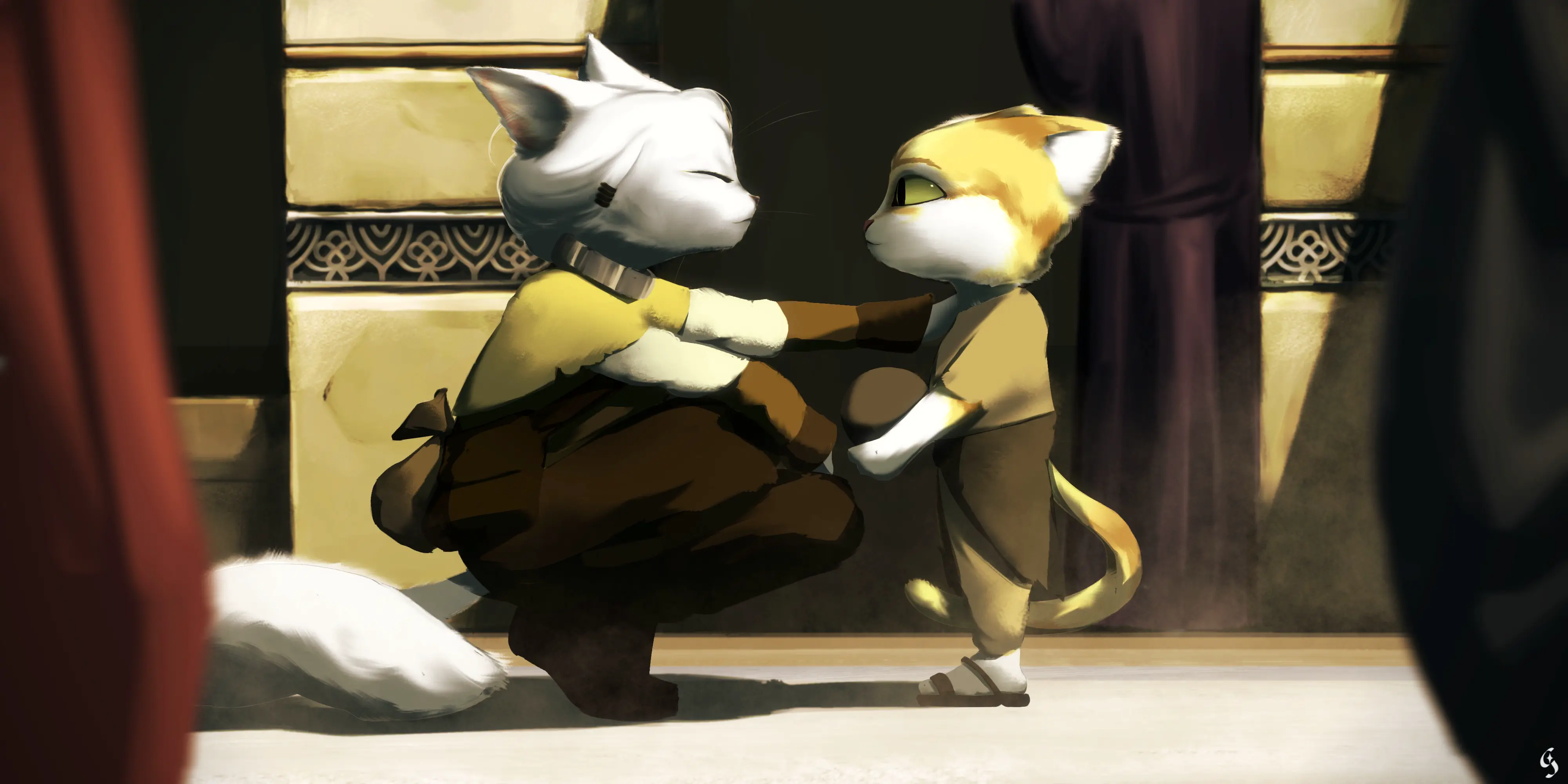 An artwork of Van patting the shoulder of young Cooper