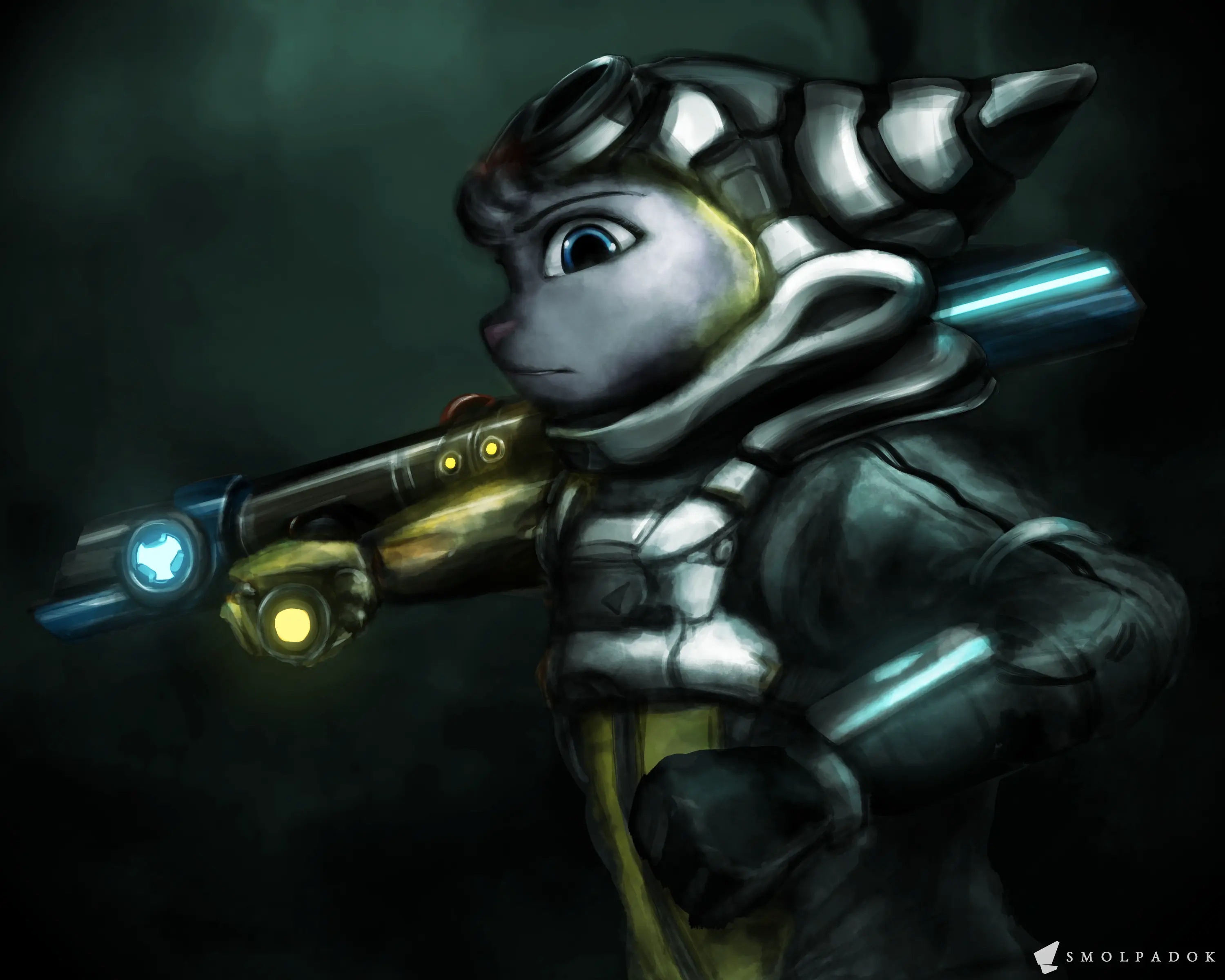 A fanart of Rivet from Ratchet & Clank with a fusion with Returnal