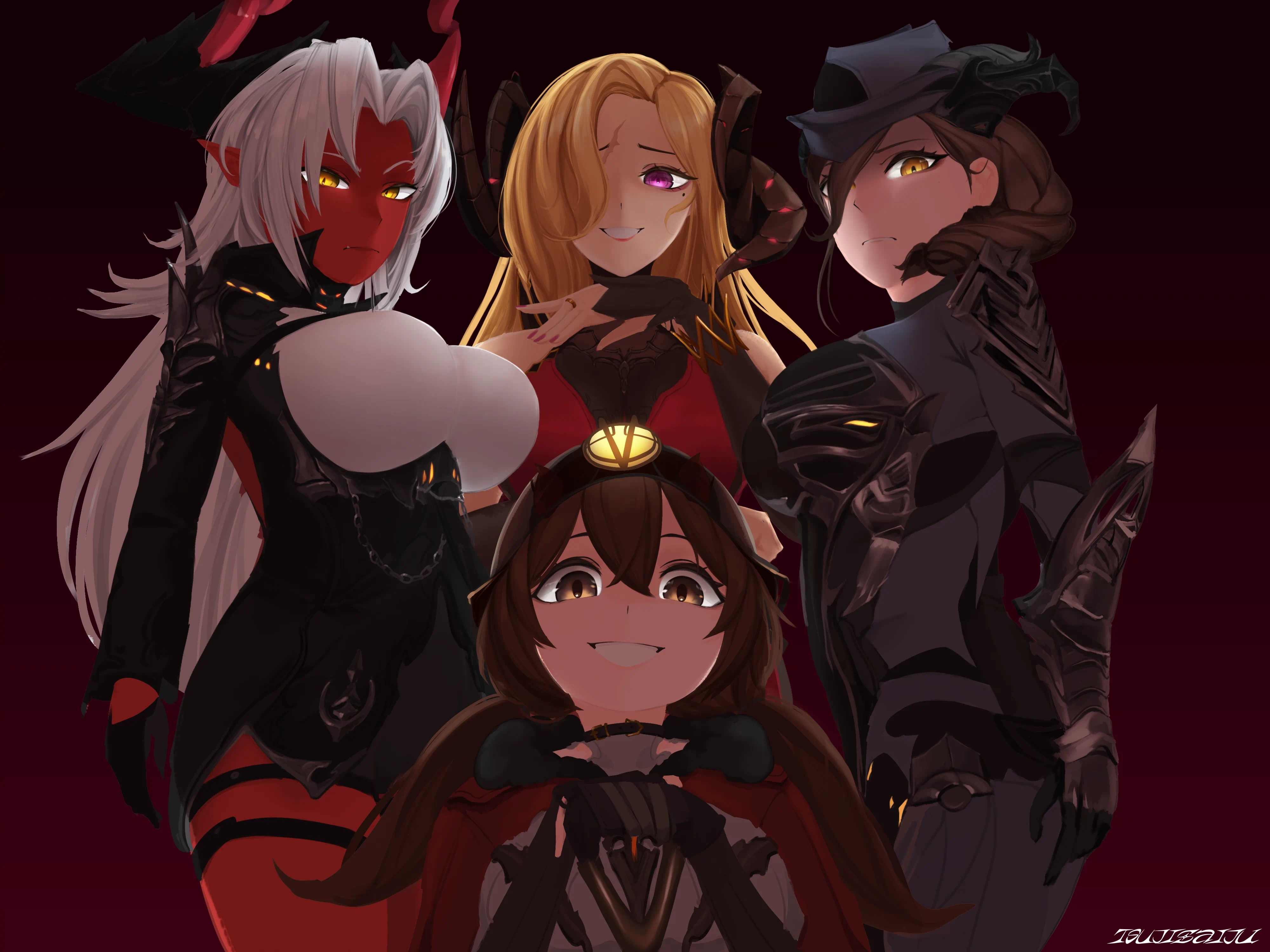 Fanart of Duet Night Abyss characters, From right to left: Hellfire, Camilla, Lynn, and Margie at the bottom, they stand imposingly and looking downwards on the viewer