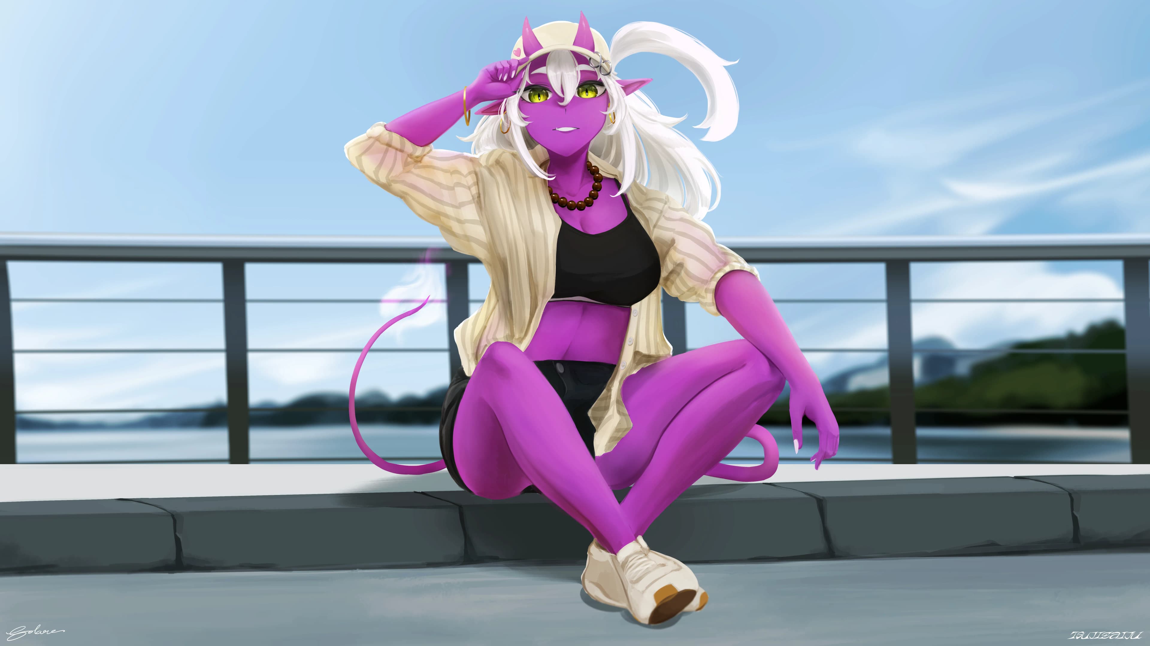 Solare, a realistically stylized illustration of Tsubaki Nishimura. She is wearing a modern summer casual outfit. She sits on a curb of a walkway, at a harbor under a clear sunny weather.