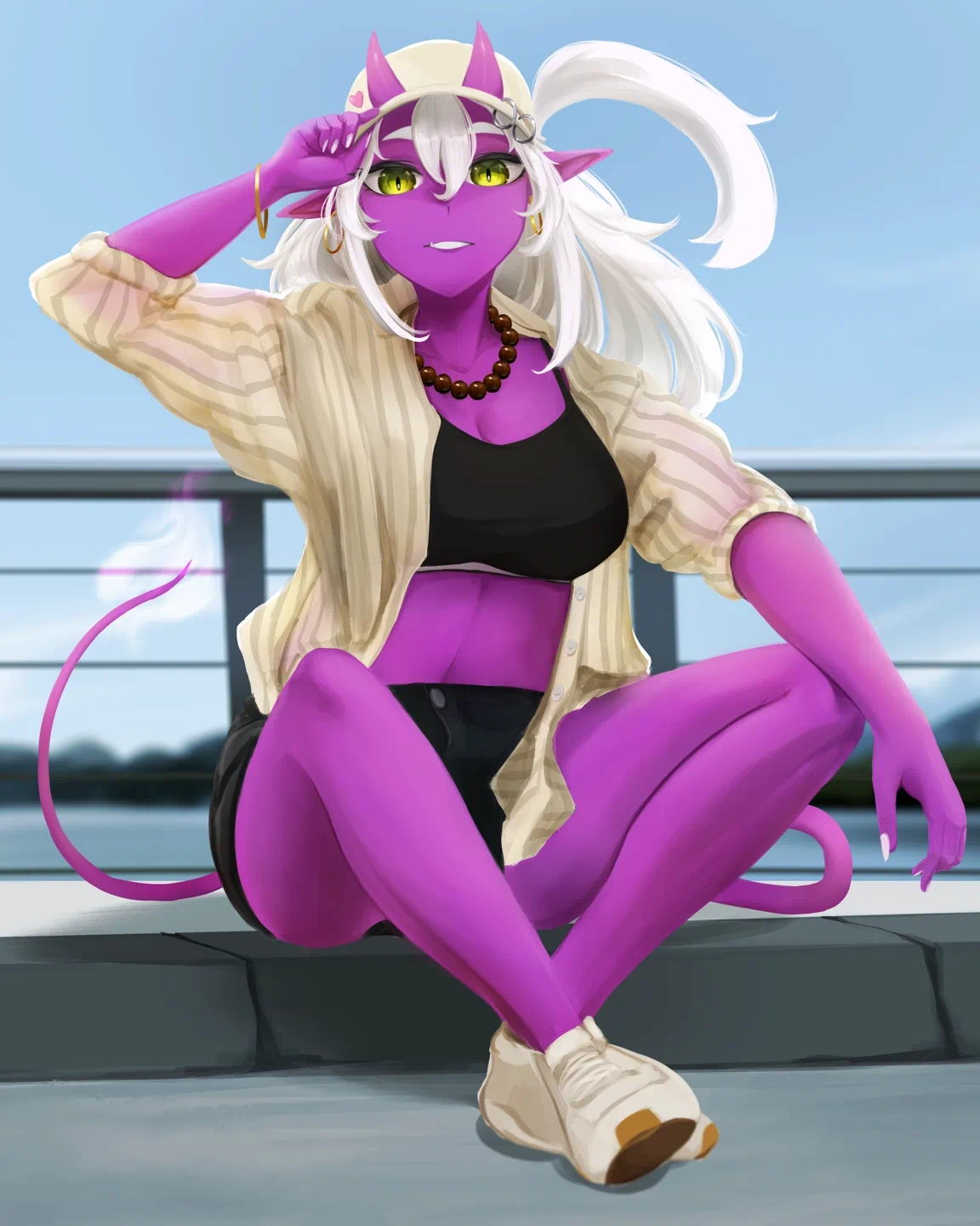Solare, a realistically stylized illustration of Tsubaki Nishimura. She is wearing a modern summer casual outfit. She sits on a curb of a walkway, at a harbor under a clear sunny weather.