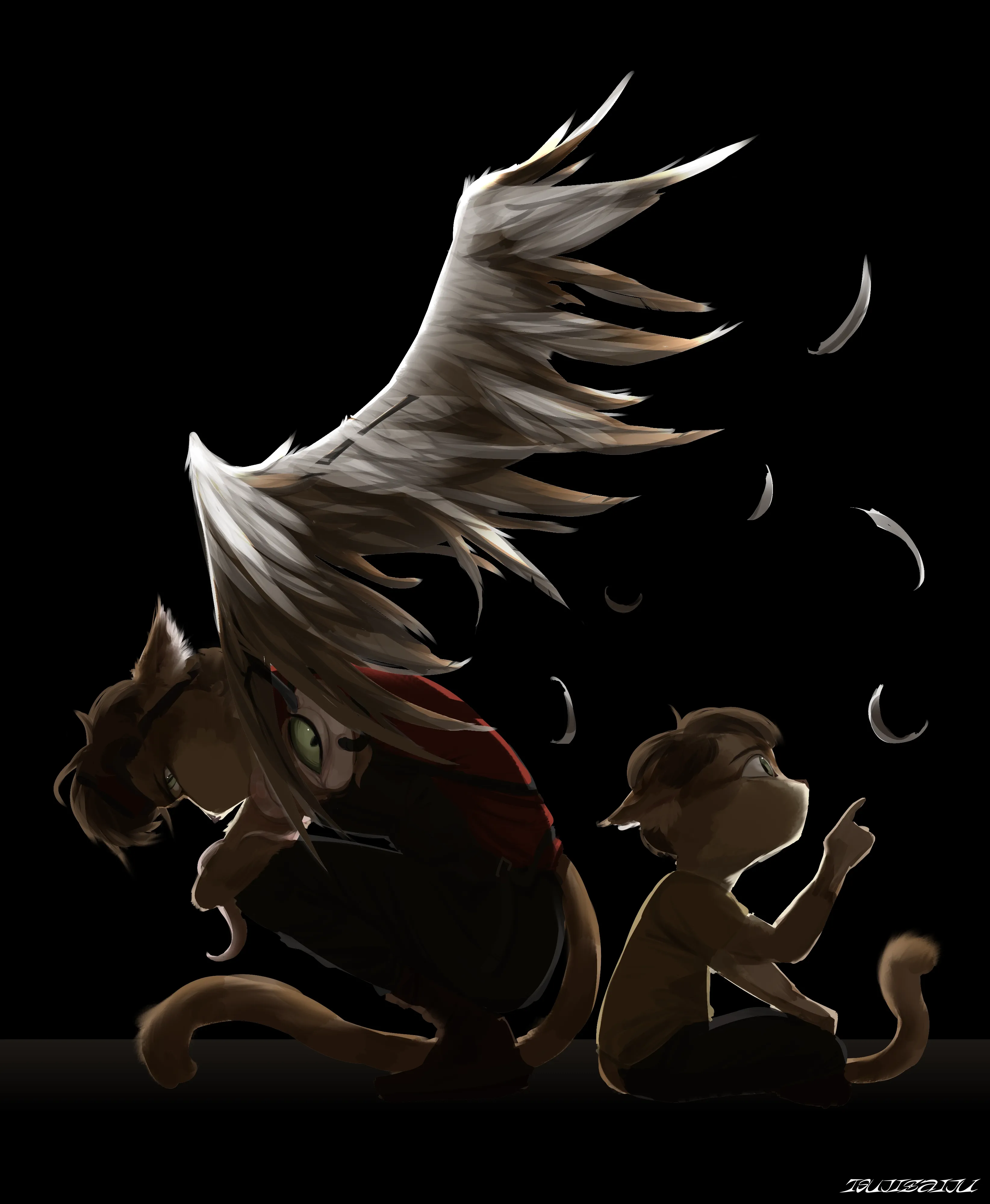 An artwork featuring Cooper Baihaqi the sand cat, two versions of him as the present adult and his child past sitting opposite and facing away from each other, the adult slouches with his left arm appeared to be fused with an angelic and mechanical symbiote, spreading its large, broken wing. Feathers scatter in the air, the child looks upwards in bliss, reaching out to them.